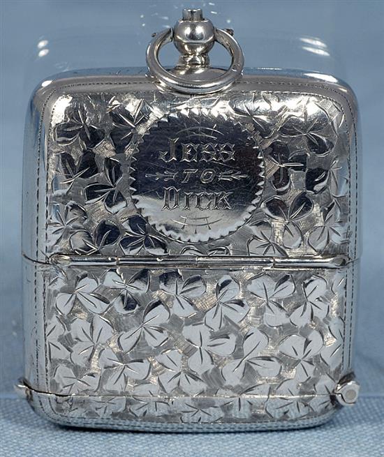 An Edwardian combination silver vesta case/sovereign case and stamp box, Length 3”/69mm to ring Width 2”/53mm, Weight 2.4oz/68 grms